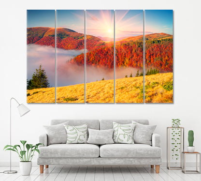 Colorful Autumn Forest Landscape Carpathian Mountains Canvas Print ArtLexy 5 Panels 36"x24" inches 