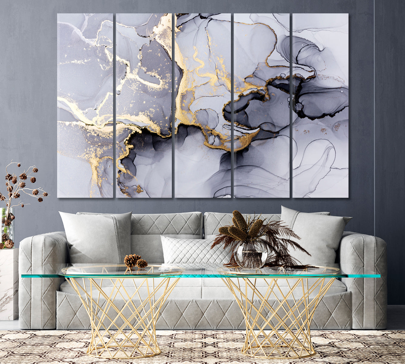 Liquid Gray Marble with Golden Veins Canvas Print ArtLexy 5 Panels 36"x24" inches 