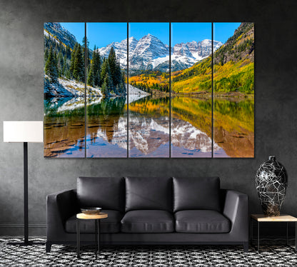 Maroon Bells and Maroon Lake in Autumn Aspen Colorado Canvas Print ArtLexy 3 Panels 36"x24" inches 