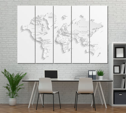 White Political World Map Canvas Print ArtLexy 5 Panels 36"x24" inches 