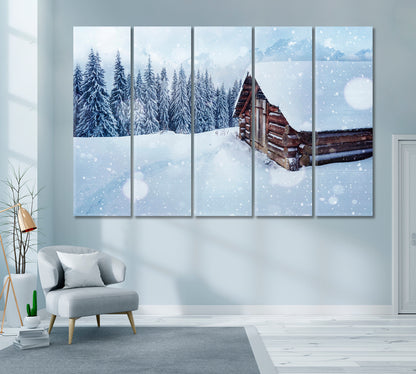 Wooden Hut in Snowy Mountains Carpathian Canvas Print ArtLexy 5 Panels 36"x24" inches 