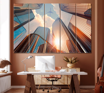 Airplane Flying Above Modern Skyscrapers Canvas Print ArtLexy 5 Panels 36"x24" inches 