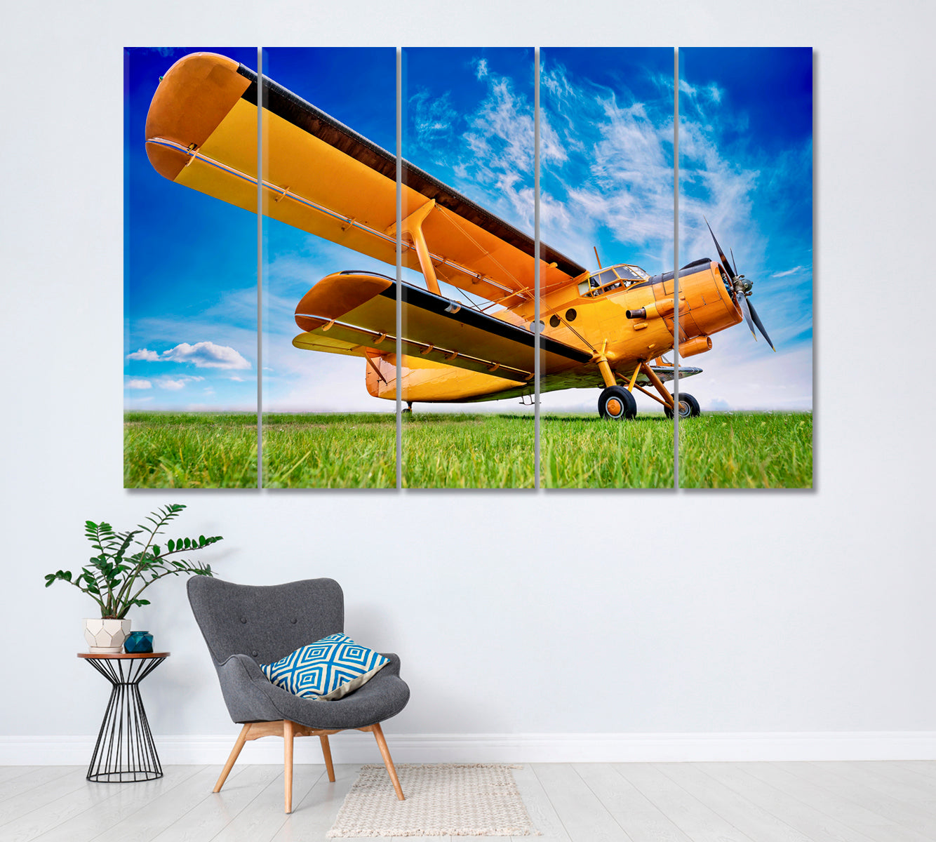 Old Yellow Biplane with Blue Sky Canvas Print ArtLexy 5 Panels 36"x24" inches 
