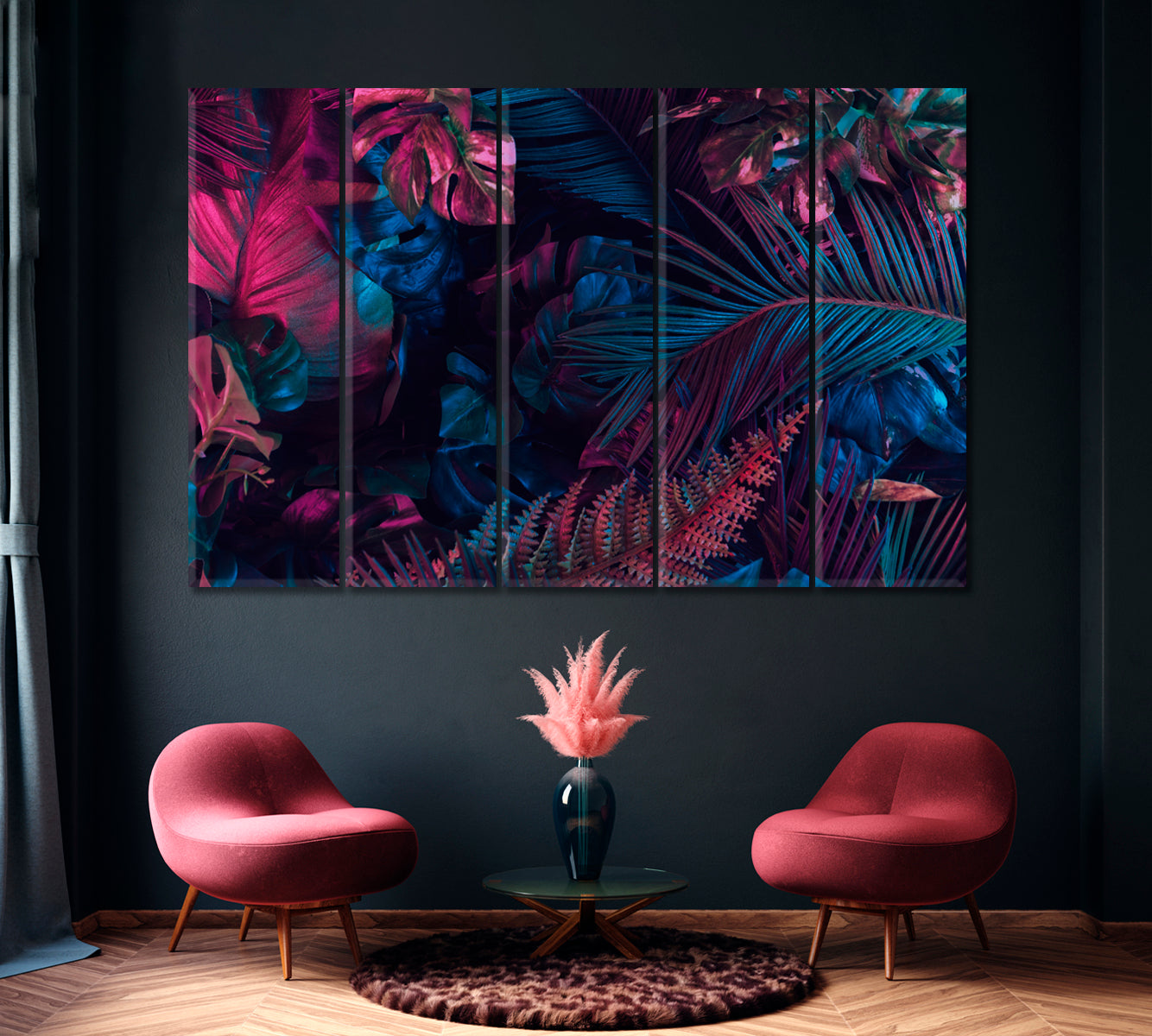 Tropical Neon Leaves Canvas Print ArtLexy 5 Panels 36"x24" inches 
