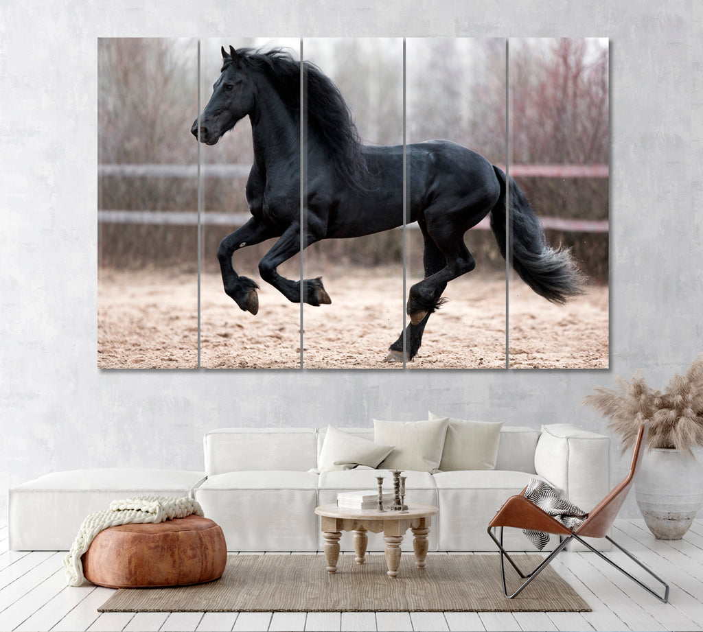 Black Friesian Horse Runs Gallop Canvas Print ArtLexy 5 Panels 36"x24" inches 