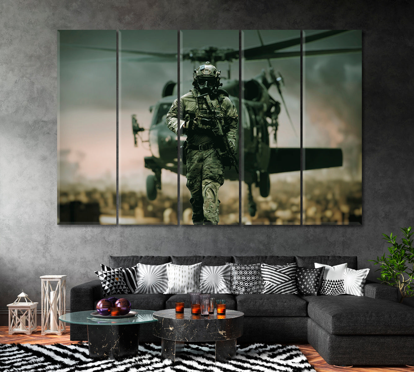 Military Helicopter Behind American Soldier Canvas Print ArtLexy 5 Panels 36"x24" inches 