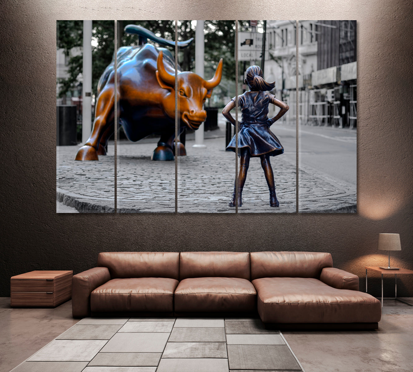 Fearless Girl Statue Facing Charging Bull Lower Manhattan NY Canvas Print ArtLexy 5 Panels 36"x24" inches 