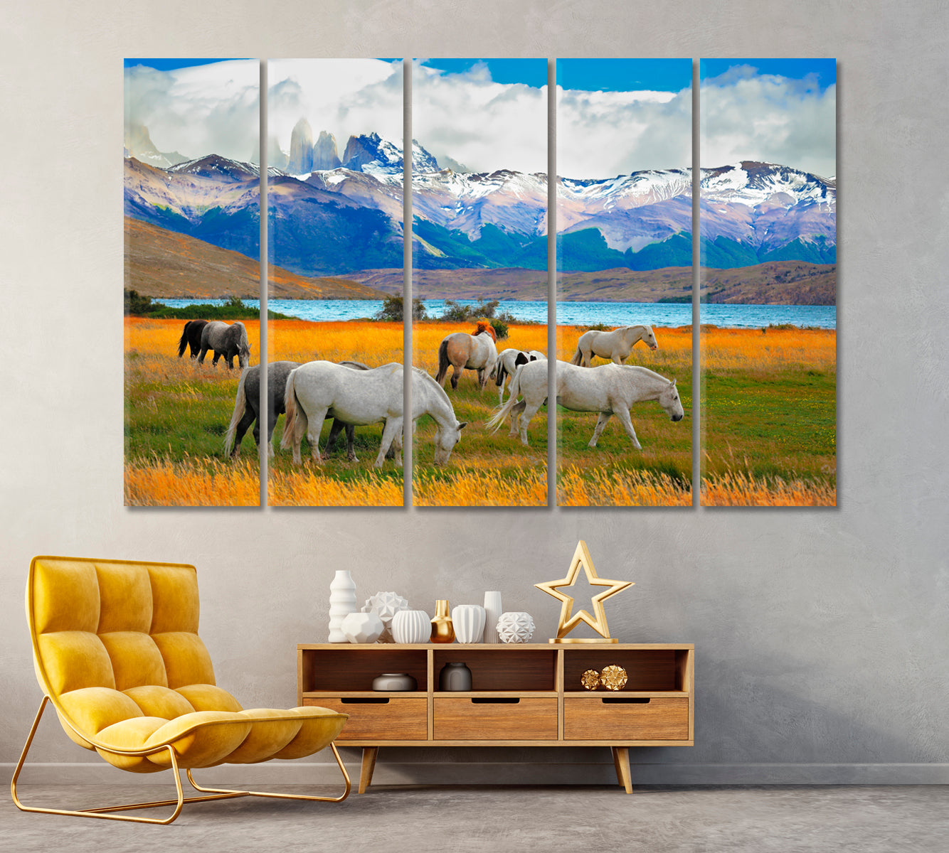 Horses in Torres del Paine National Park Canvas Print ArtLexy 5 Panels 36"x24" inches 