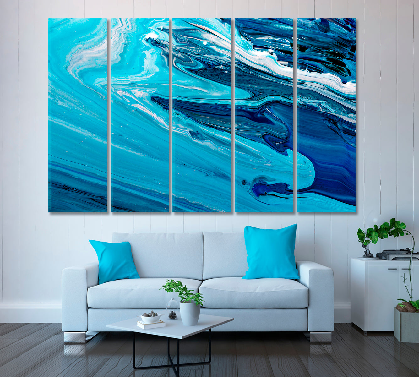 Blue Acrylic Liquid Marble Pattern Canvas Print ArtLexy 5 Panels 36"x24" inches 