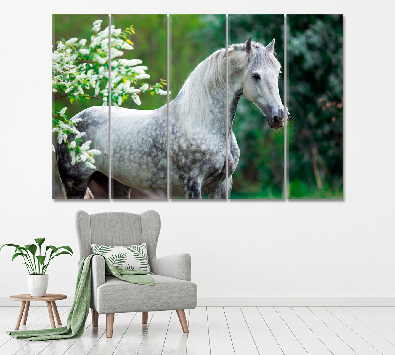 Gray Horse in Flowers Canvas Print ArtLexy 5 Panels 36"x24" inches 