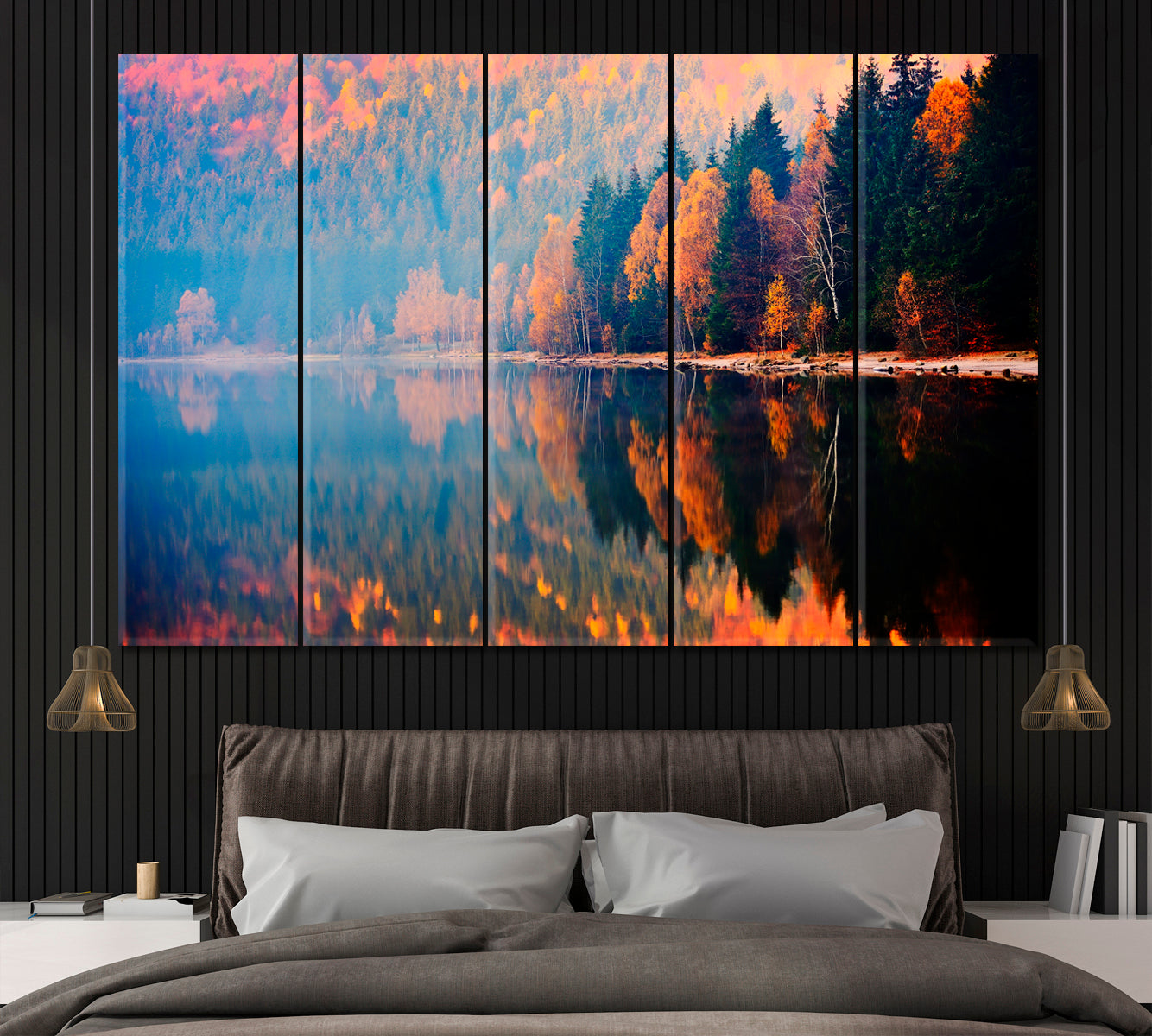 Autumn Landscape With Colorful Forest. St Anna Lake Romania Canvas Print ArtLexy 5 Panels 36"x24" inches 