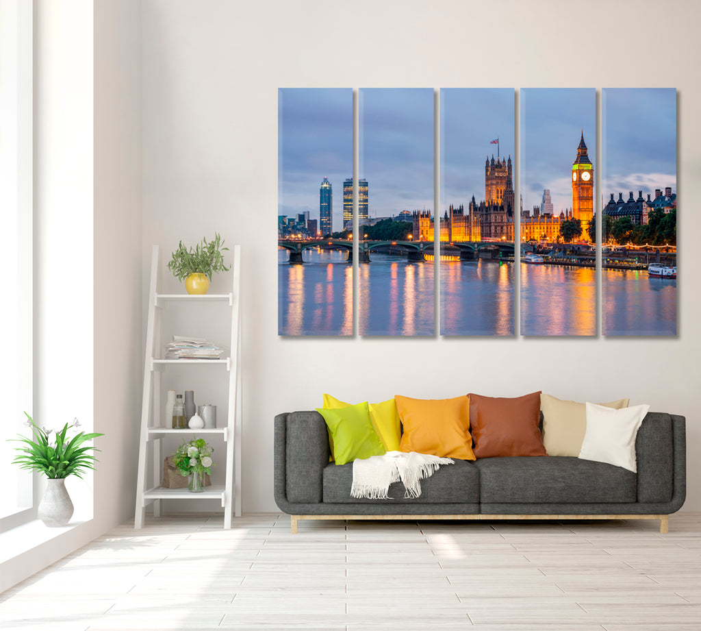 Big Ben and Westminster Bridge London Canvas Print ArtLexy 5 Panels 36"x24" inches 