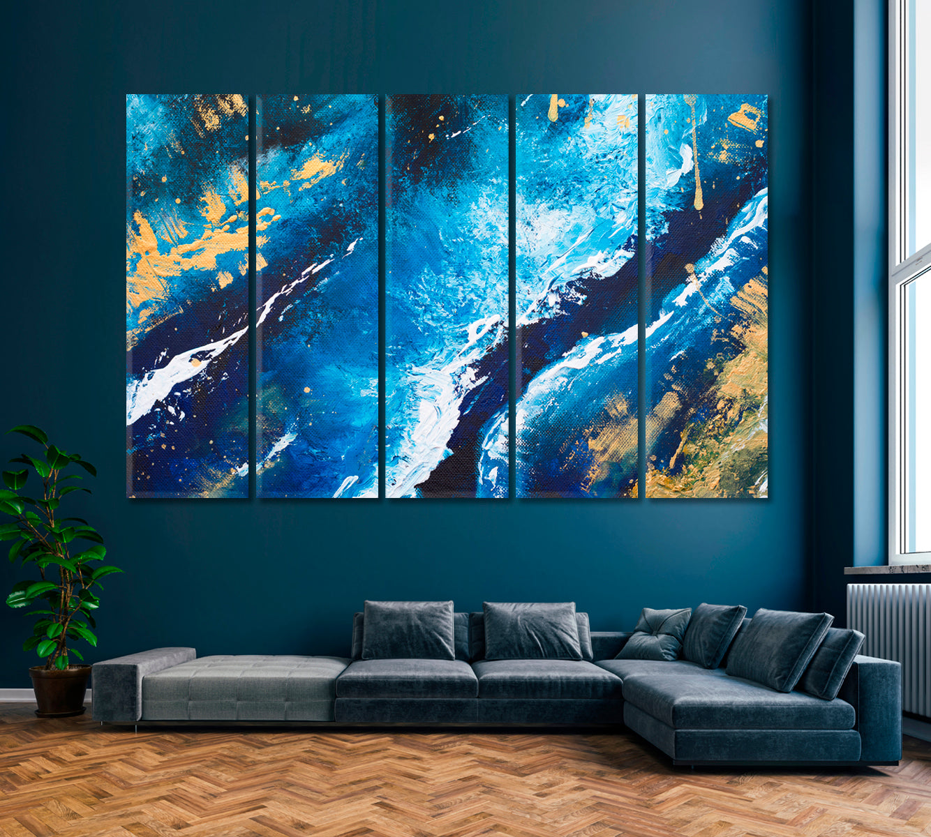 Blue Marbling Acrylic Design Canvas Print ArtLexy 5 Panels 36"x24" inches 