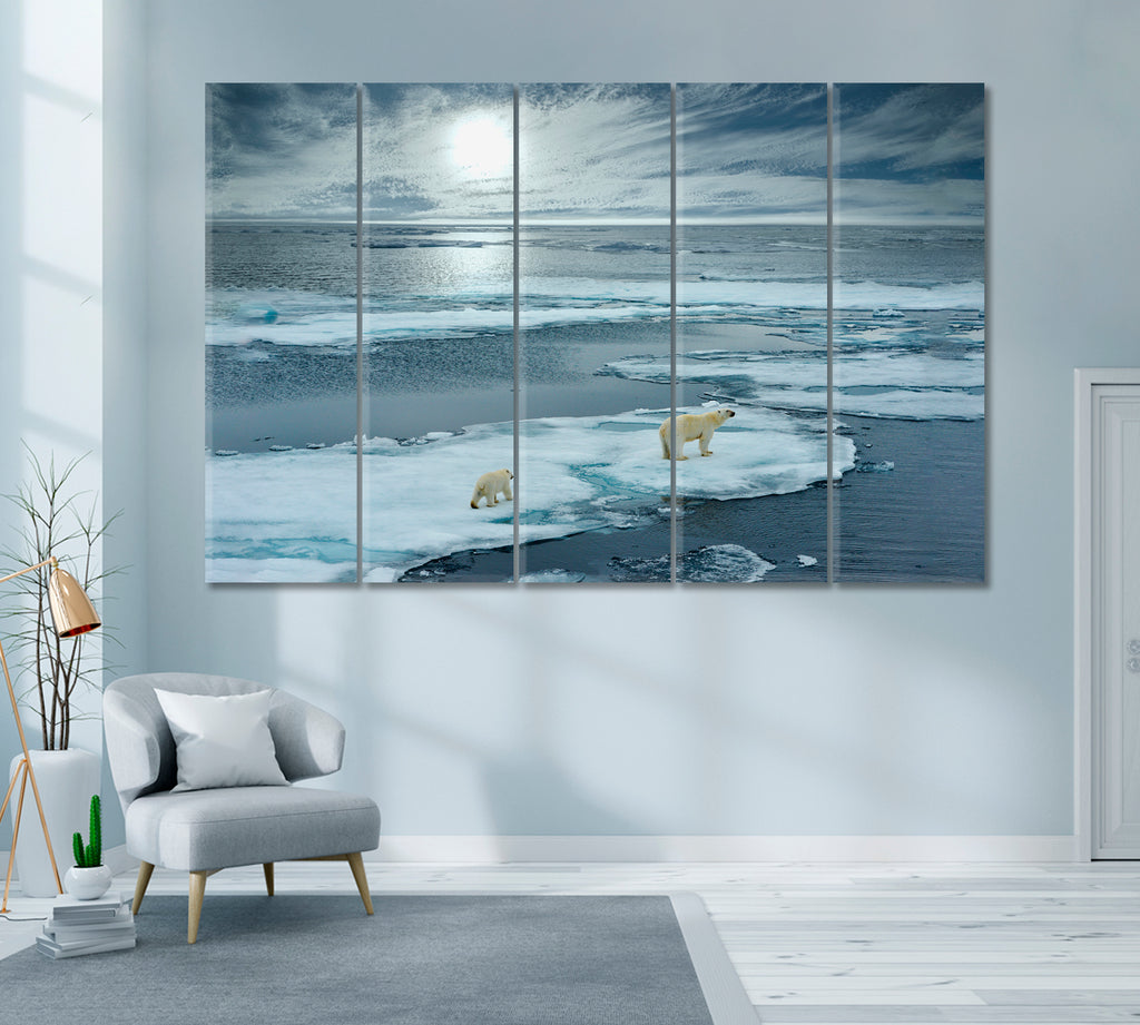 Polar Bears on Ice Floe in Norwegian Arctic Canvas Print ArtLexy 5 Panels 36"x24" inches 