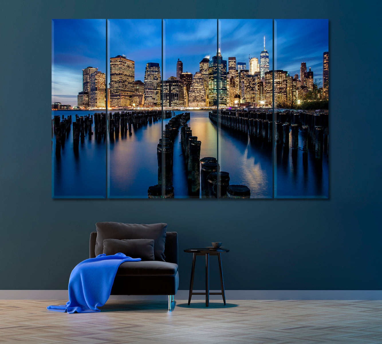 Manhattan Skyline and Abandoned Pier Canvas Print ArtLexy 5 Panels 36"x24" inches 