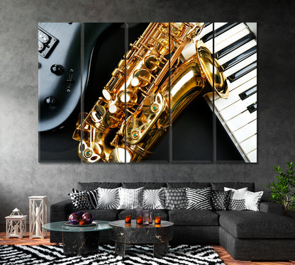 Electric Guitar with Saxophone and Piano Keys Canvas Print ArtLexy 5 Panels 36"x24" inches 