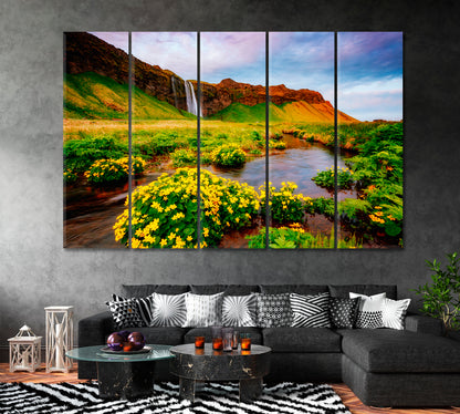 Blooming Green Field and Seljalandsfoss Waterfall Iceland Canvas Print ArtLexy 5 Panels 36"x24" inches 