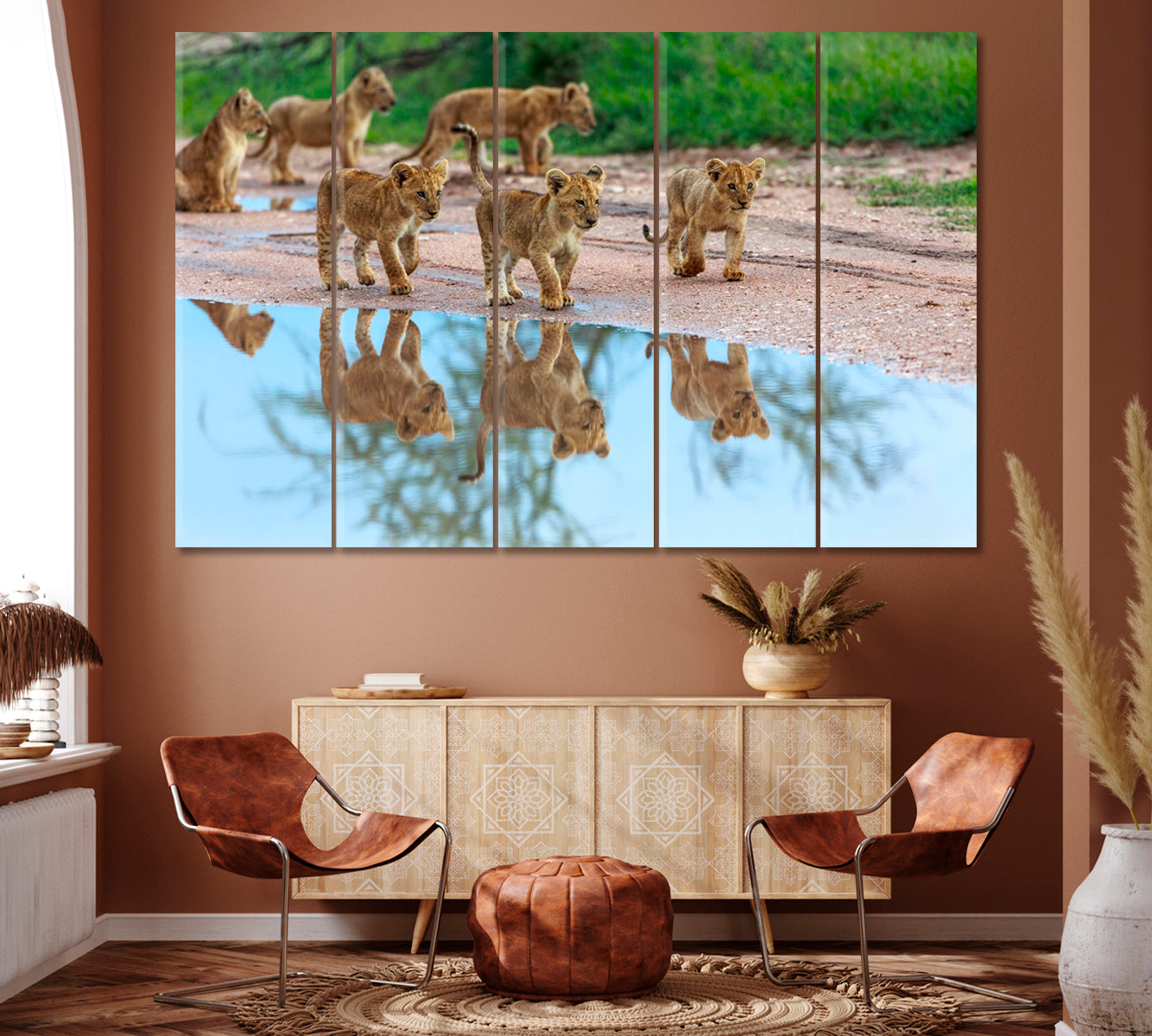 Wild Lion Cubs in Natural Habitat Canvas Print ArtLexy 5 Panels 36"x24" inches 