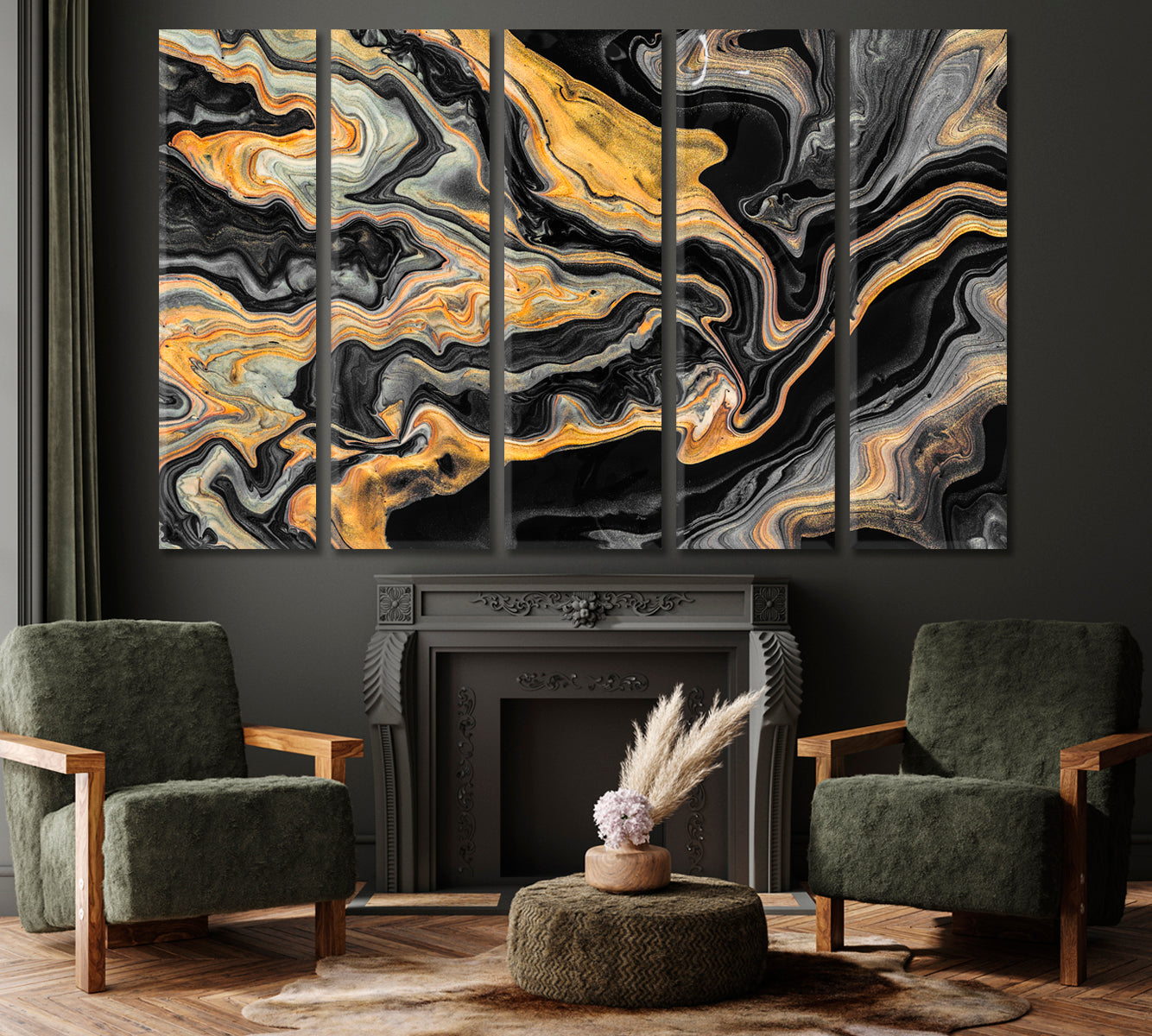 Luxury Black and Yellow Curly Marble Canvas Print ArtLexy 5 Panels 36"x24" inches 