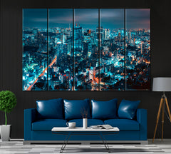 Tokyo City Skyline at Night Japan Canvas Print ArtLexy 5 Panels 36"x24" inches 