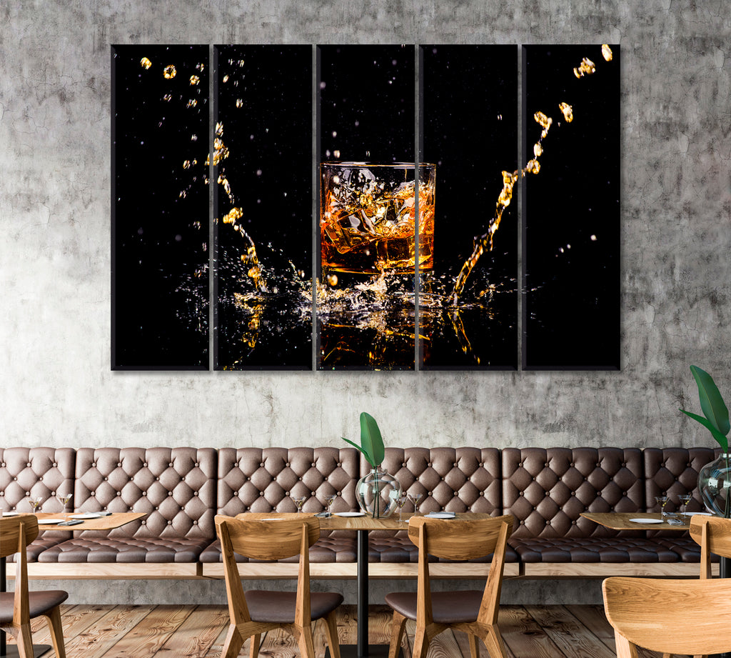 Glass of Whiskey with Splash Canvas Print ArtLexy 5 Panels 36"x24" inches 
