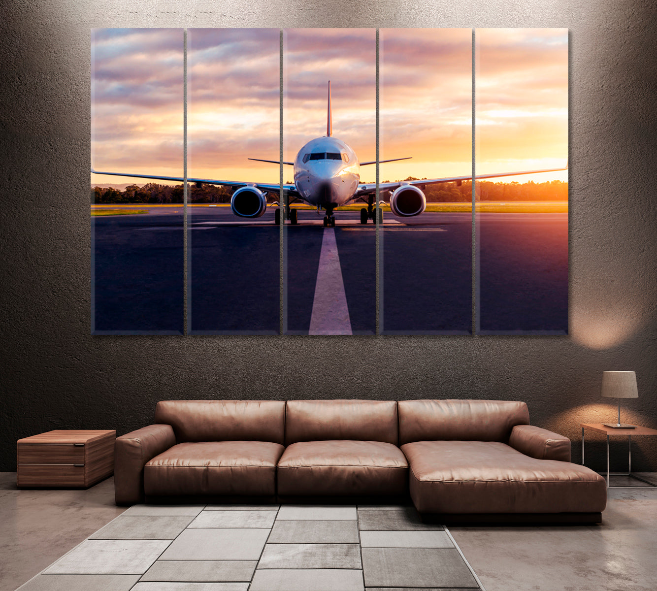 Airplane on Runway Canvas Print ArtLexy 5 Panels 36"x24" inches 