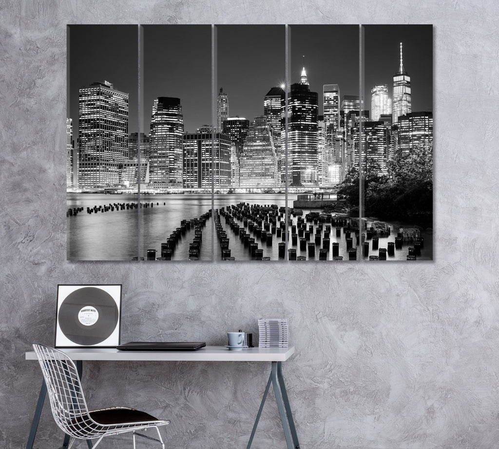 Manhattan Skyline with Abandoned Pier New York City Canvas Print ArtLexy 5 Panels 36"x24" inches 