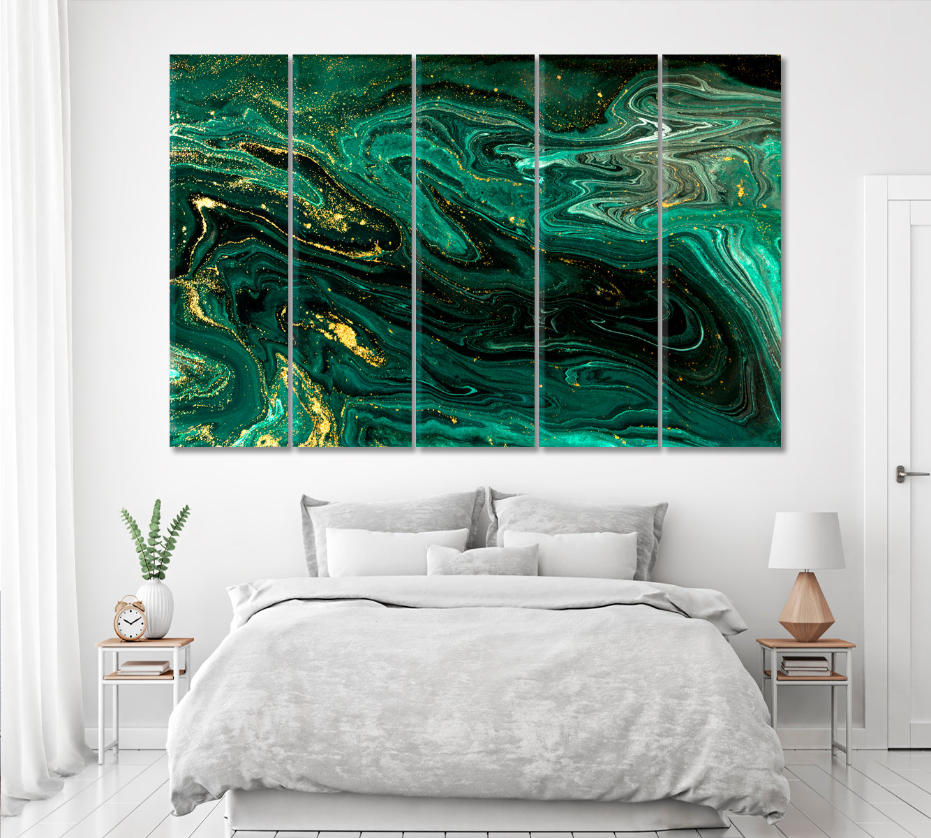 Abstract Green Marble with Gold Powder Canvas Print ArtLexy 5 Panels 36"x24" inches 