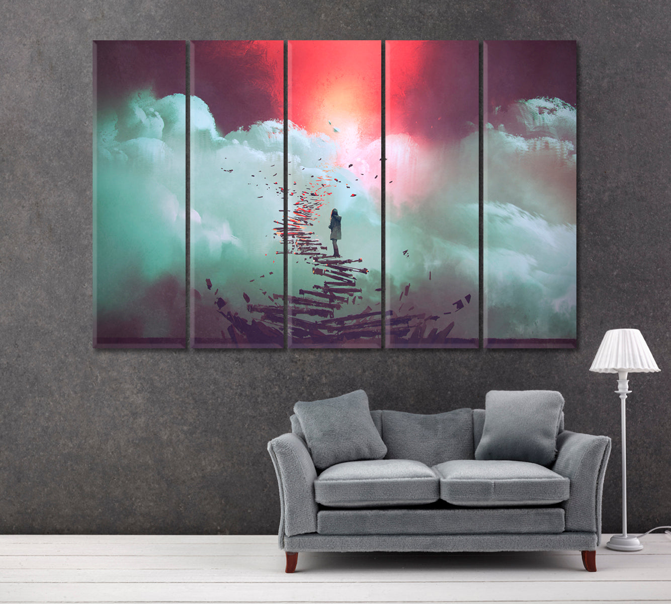 Woman Stands on Broken Staircase Leading to Sky Canvas Print ArtLexy 5 Panels 36"x24" inches 