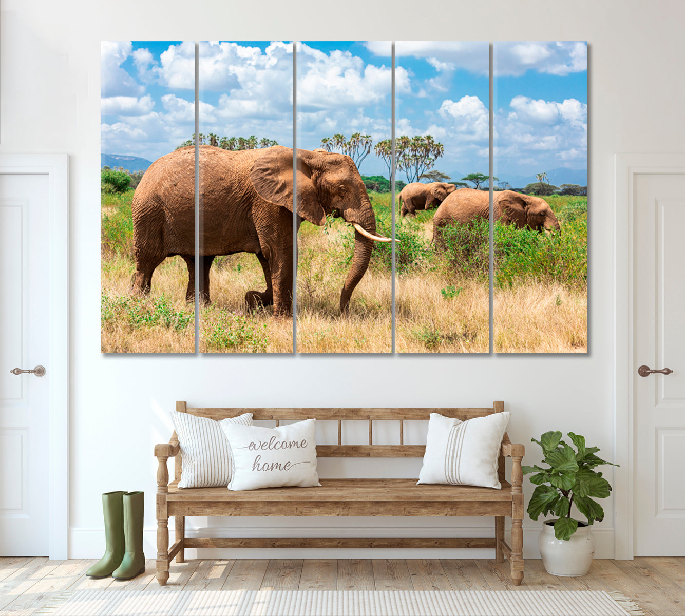 Elephants in Kenya Savanna Canvas Print ArtLexy 5 Panels 36"x24" inches 