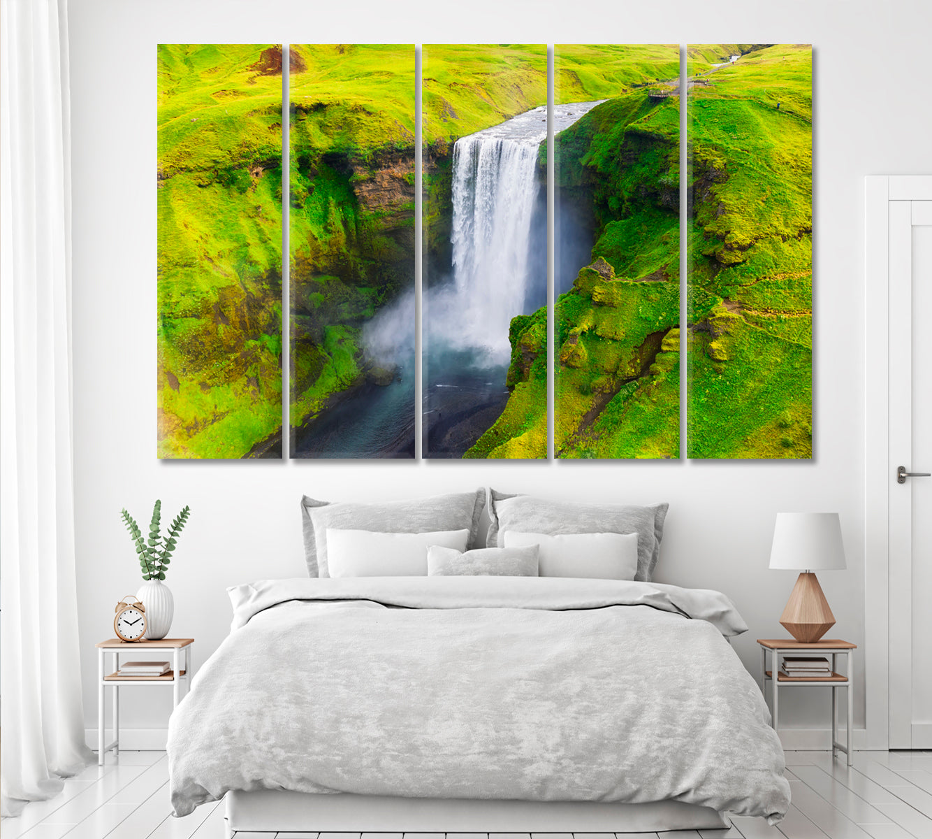 Iceland Landscape with Skogafoss Waterfall Canvas Print ArtLexy 5 Panels 36"x24" inches 