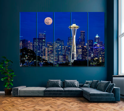 Full Moon over Seattle Canvas Print ArtLexy 5 Panels 36"x24" inches 