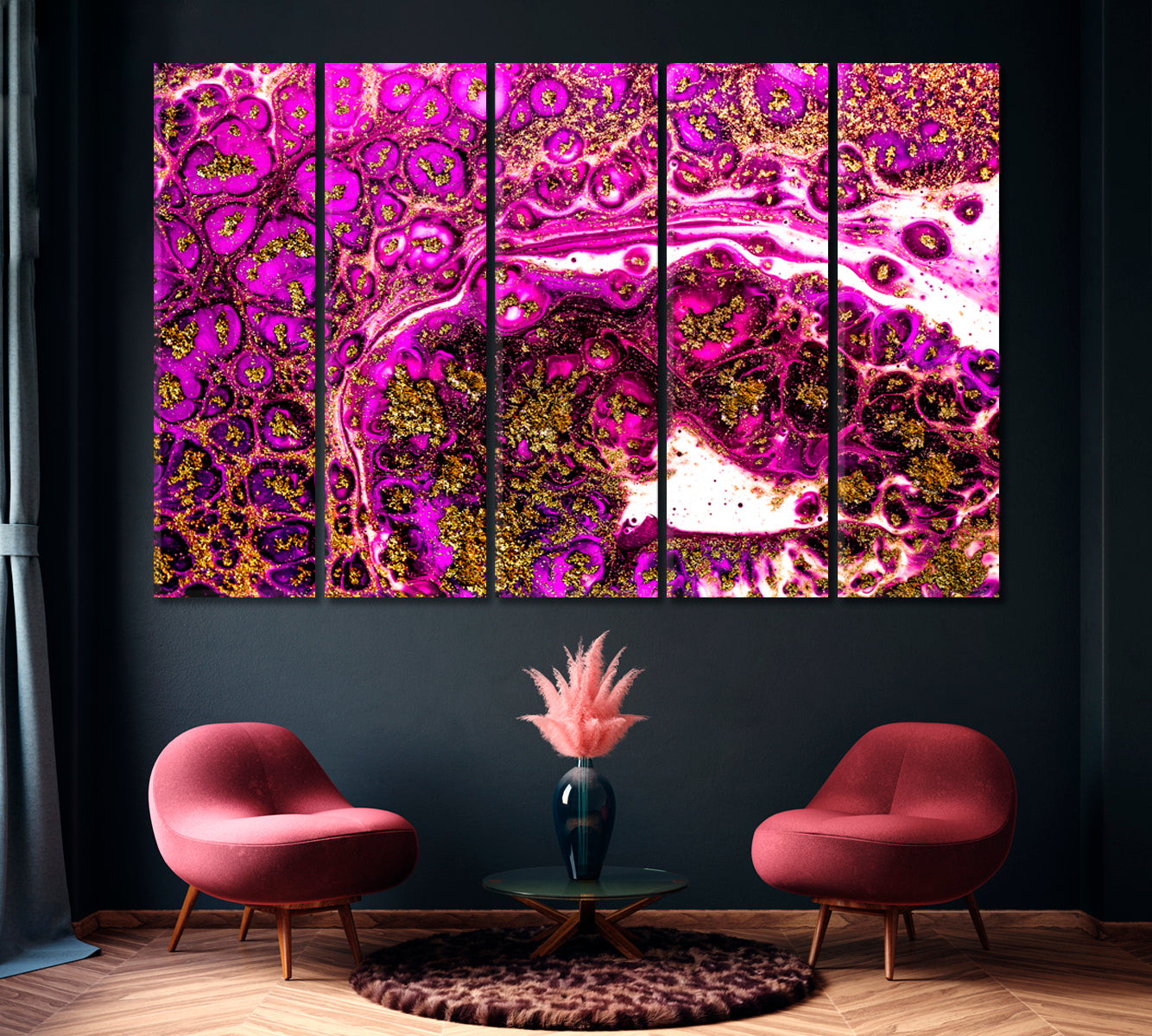 Luxury Fuchsia and Gold Painting Canvas Print ArtLexy 5 Panels 36"x24" inches 