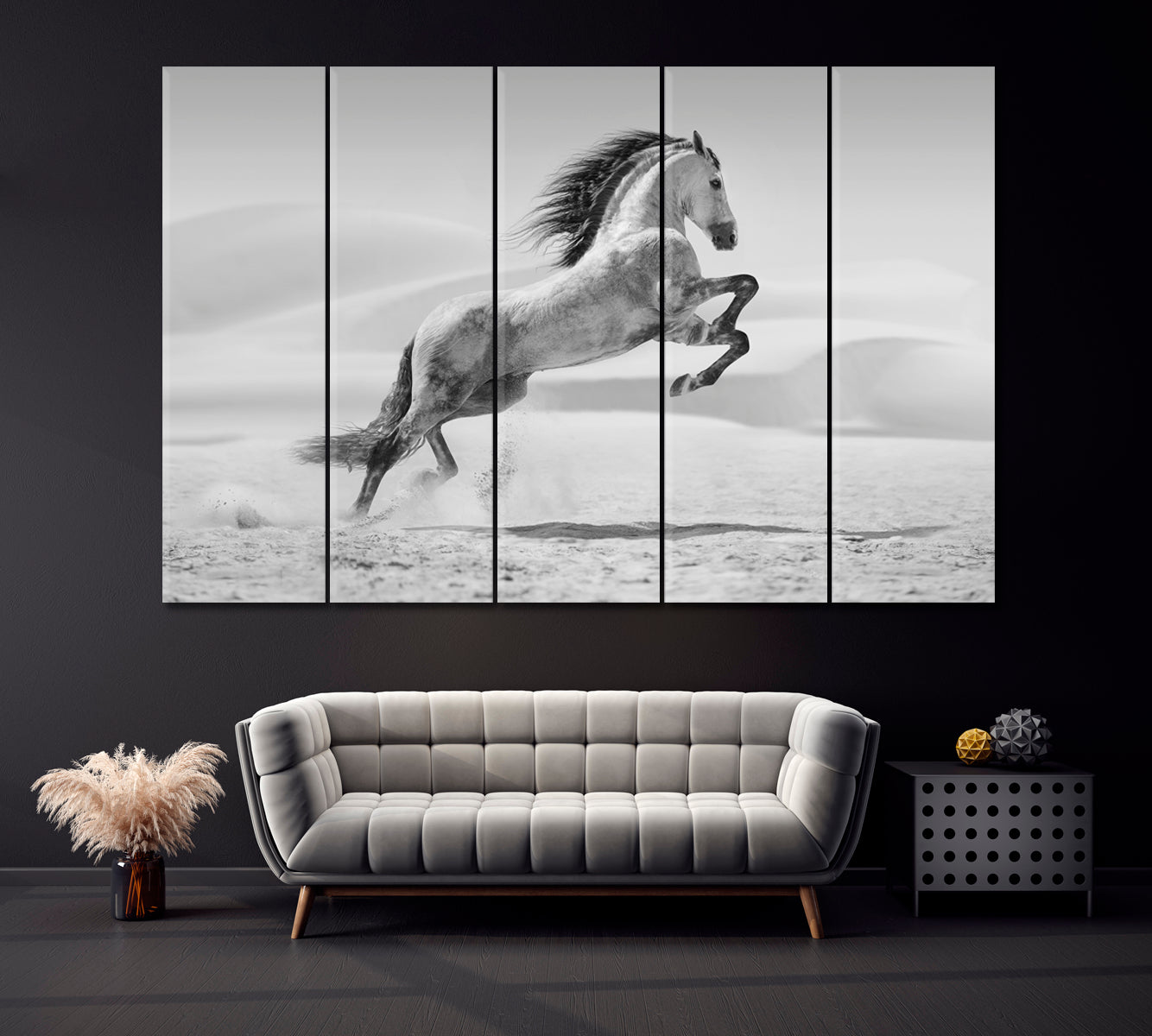 Horse in Desert in Black and White Canvas Print ArtLexy 5 Panels 36"x24" inches 