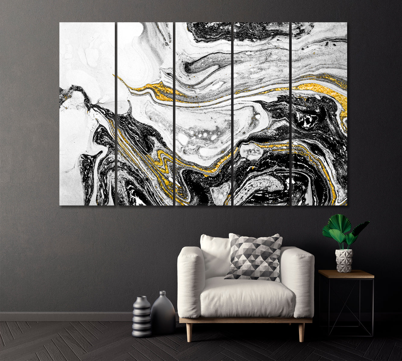 Luxury Black and White Paper Marbling Canvas Print ArtLexy 5 Panels 36"x24" inches 