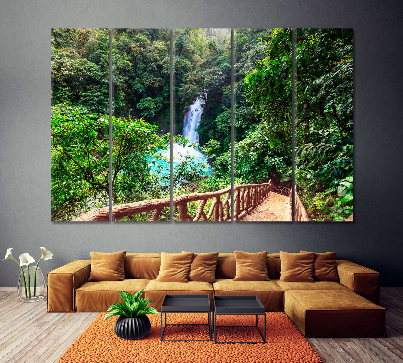 Waterfall in Rainforest of Costa Rica Canvas Print ArtLexy 5 Panels 36"x24" inches 