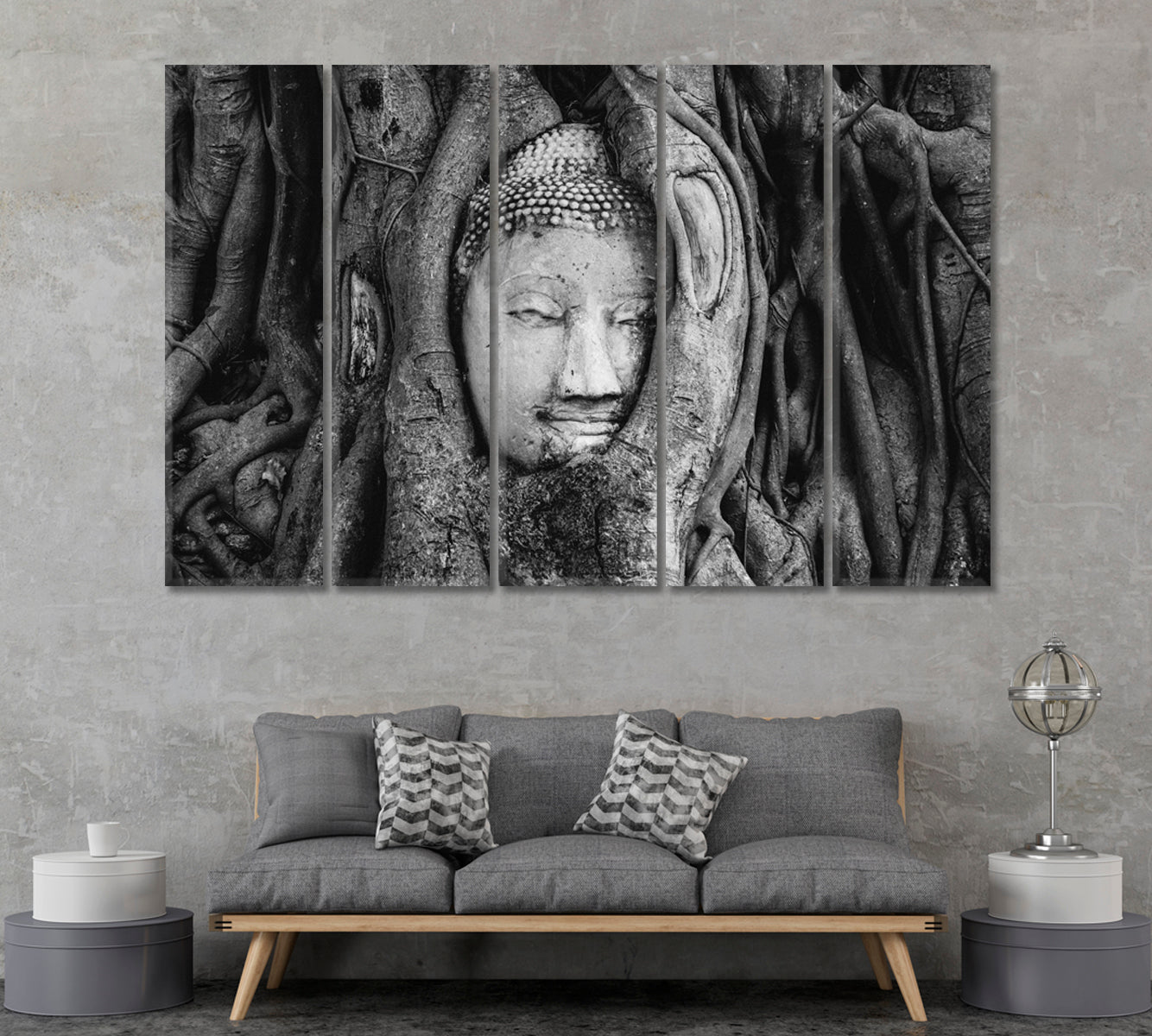 Buddha Head in Banyan Tree Wat Mahathat Thailand Canvas Print ArtLexy 5 Panels 36"x24" inches 