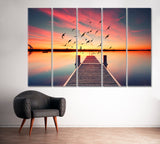 Wooden Pier on Pond at Sunset Canvas Print ArtLexy 5 Panels 36"x24" inches 