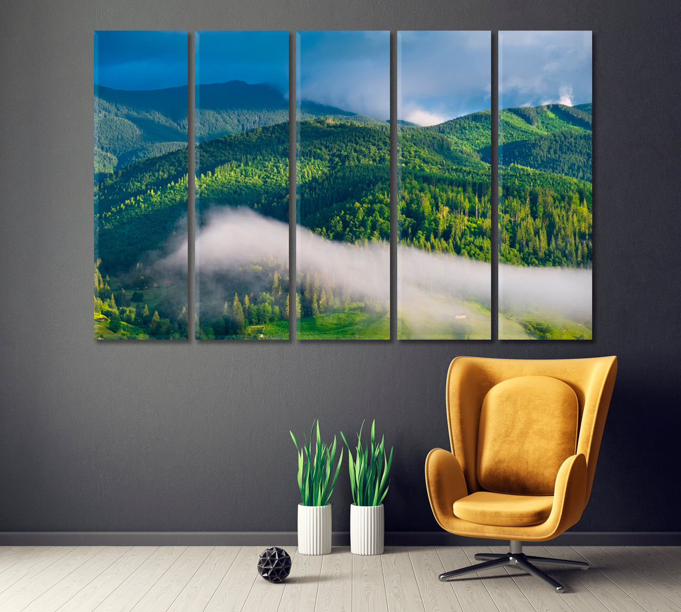 Mountain Forest in Fog Canvas Print ArtLexy 5 Panels 36"x24" inches 