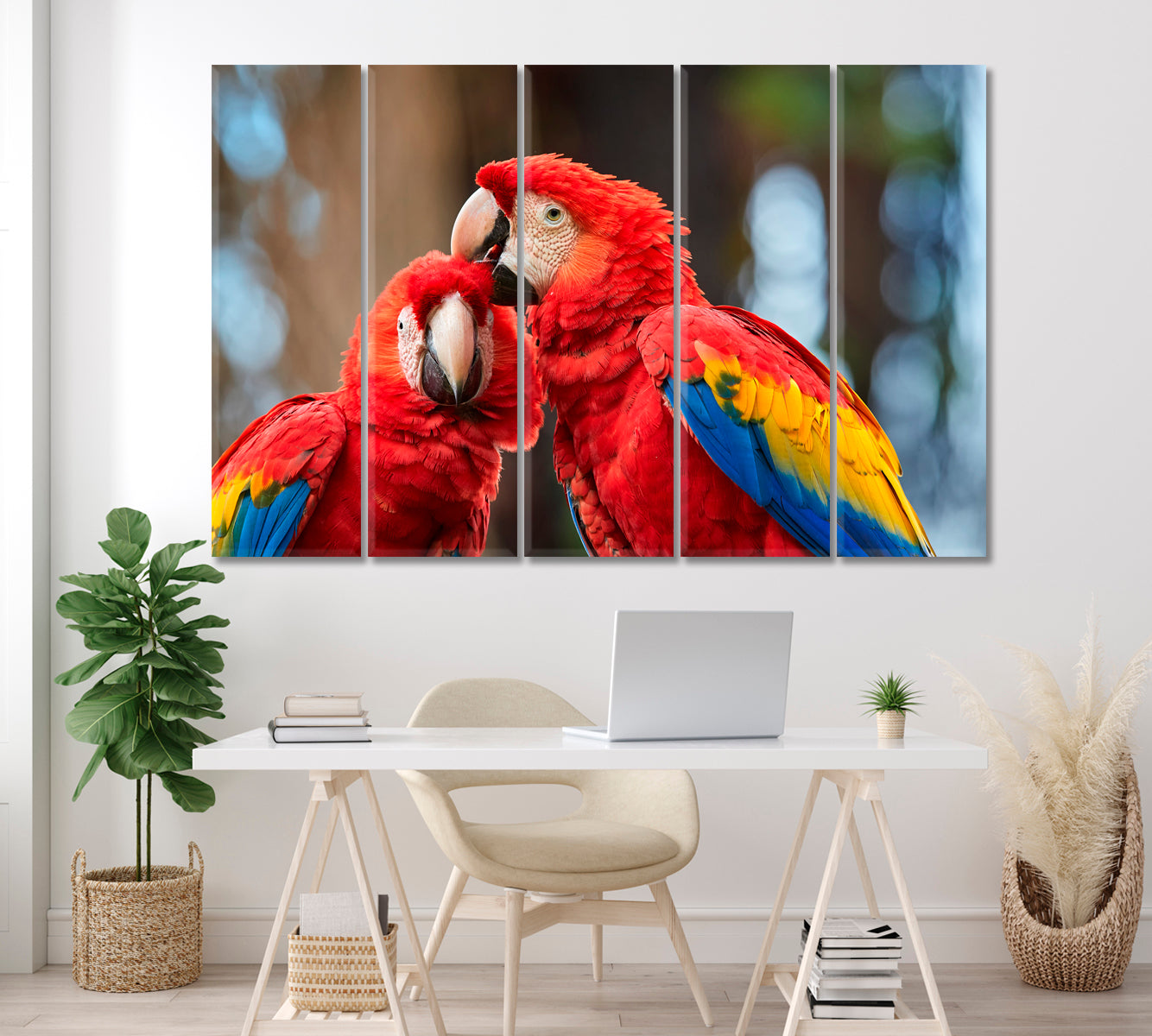 Pair of Parrot Scarlet Macaw Canvas Print ArtLexy 5 Panels 36"x24" inches 