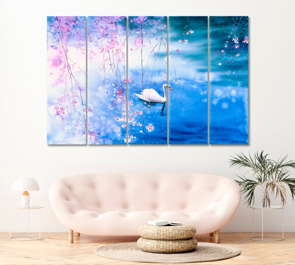Swan on Lake with Blossom Cherry Canvas Print ArtLexy 5 Panels 36"x24" inches 