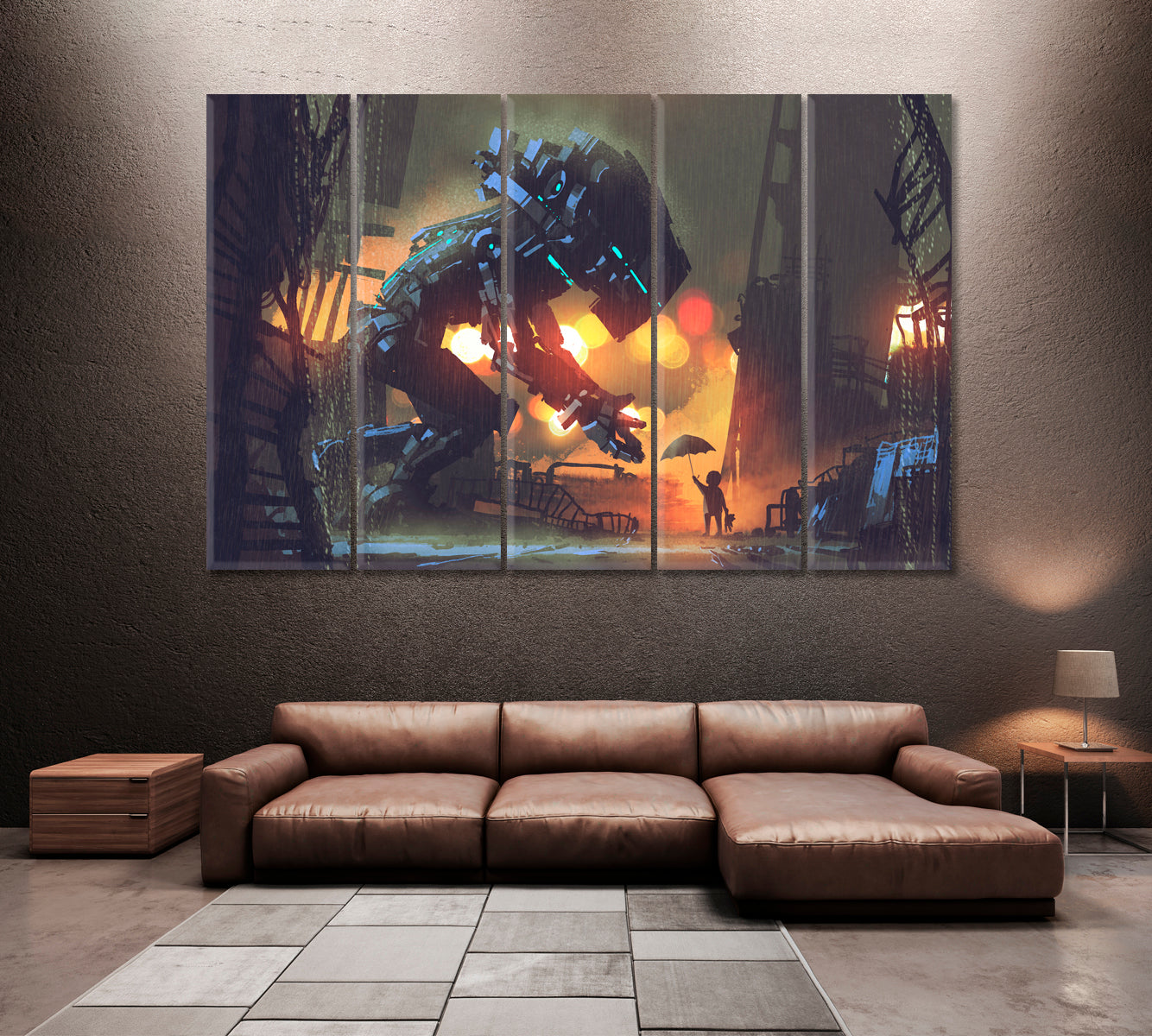 Child Giving Umbrella to Robot in Rainy Night Canvas Print ArtLexy 5 Panels 36"x24" inches 