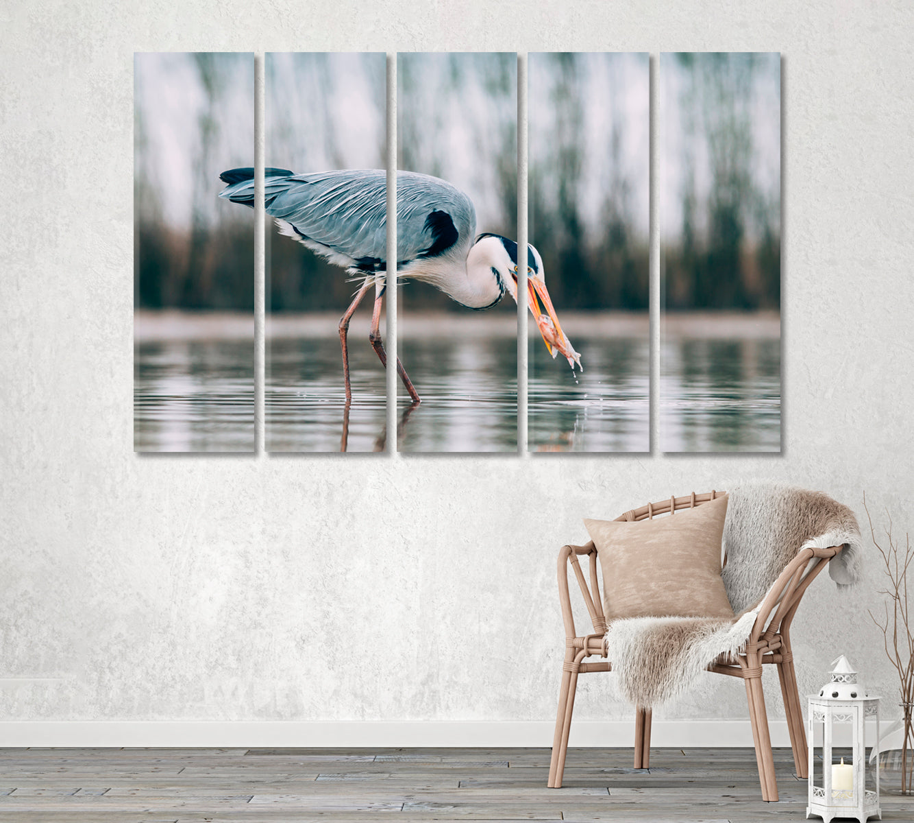 Grey Heron Fishing on Lake Canvas Print ArtLexy   