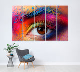 Female Eye Close-Up with Multi Colored Makeup. Holi Festival Canvas Print ArtLexy 5 Panels 36"x24" inches 