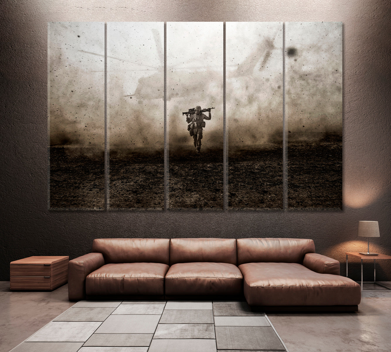 Helicopter Behind American Soldier Canvas Print ArtLexy 5 Panels 36"x24" inches 