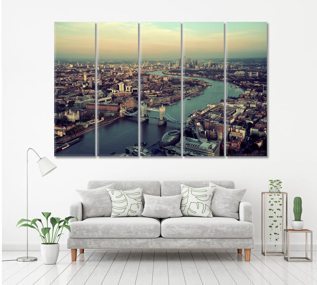 London Skyline with Thames River Canvas Print ArtLexy 5 Panels 36"x24" inches 