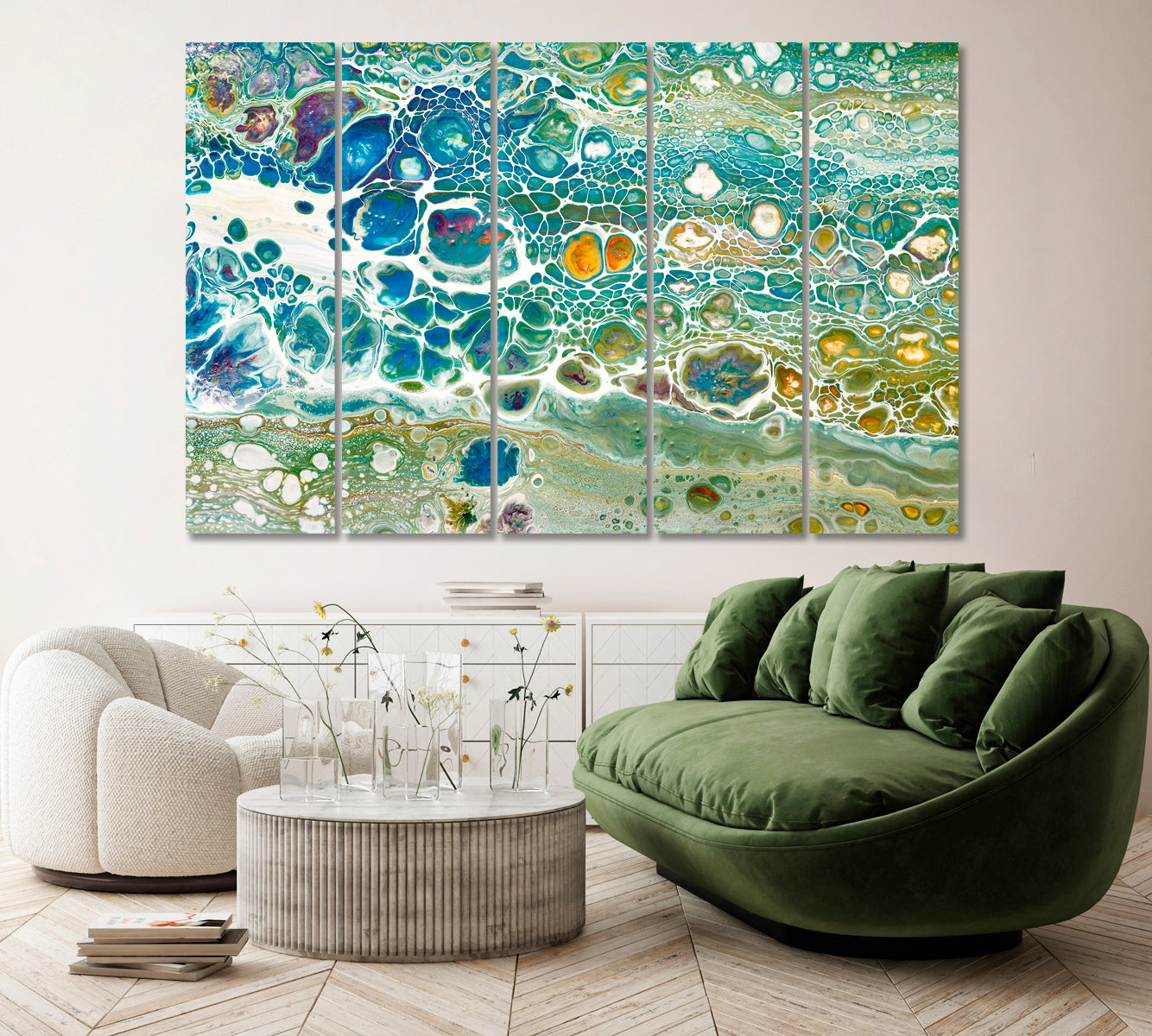 Modern Green Marble Fluid Art Canvas Print ArtLexy 5 Panels 36"x24" inches 