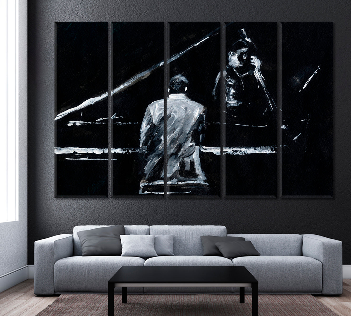 Black and White Abstract Pianist and Contrabassist Canvas Print ArtLexy 5 Panels 36"x24" inches 