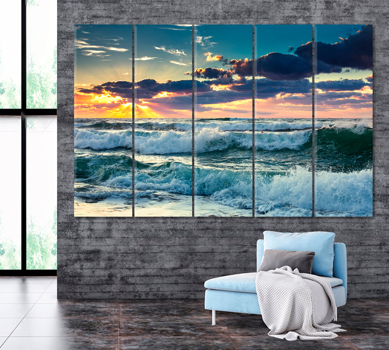Ocean Waves Landscape with Dramatic Clouds Canvas Print ArtLexy 5 Panels 36"x24" inches 