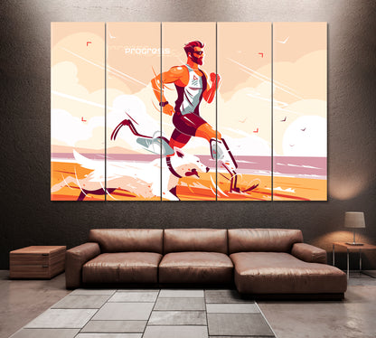 Running Sportsman with Prosthesis and Dog Canvas Print ArtLexy 5 Panels 36"x24" inches 